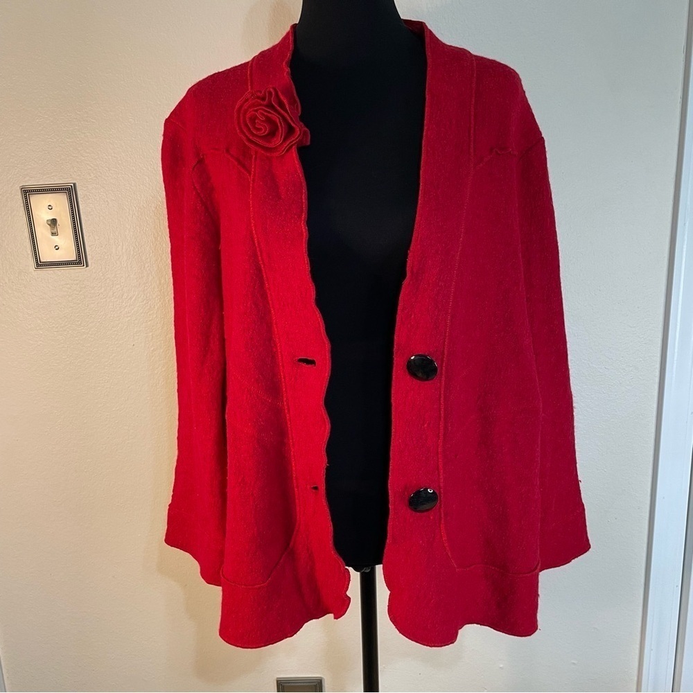 Vintage Red Wool Blend‎ Felted Cardigan Sweater Wool  Blazer Cottagecore Rosette